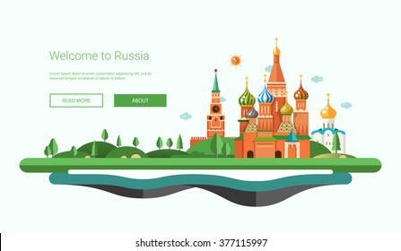 Vector Illustration Of Flat Design Banner, Header Travel Composition With Russian Landscape. Welcome To Russia