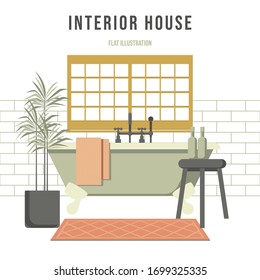  Ilustración vectorial. Diseño plano. Cuarto de baño con muebles. Interior del baño.