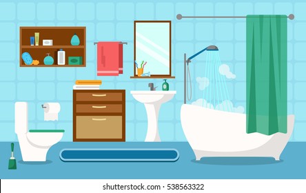 Vector illustration. Flat design. Bathroom with furniture.Blue bathroom interior