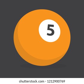 vector illustration flat design of billiard ball number 5 orange color isolated in black background