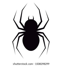Vector illustration of  flat design black spider with fangs silhouette  icon isolated on white background. Animal poisonous character for web, Halloween design. 