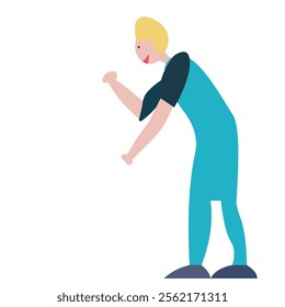 Vector illustration flat design of blonde-haired person with a slight body position bending one hand up, one hand down. 