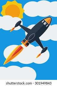 Vector illustration flat design of blue spaceship rocket lunch on a background of the sky and cloud and sun.