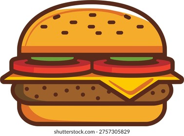  Vector illustration of a flat design burger icon. Stylized fast food cheeseburger with layers of meat, cheese, and vegetables. High-quality editable graphic for menu design.Juicy gourmet beef cheeseburger with melted cheddar, fresh lettuce, tomato, and onions on a toasted sesame seed bun, isolated on a white background for easy editing.