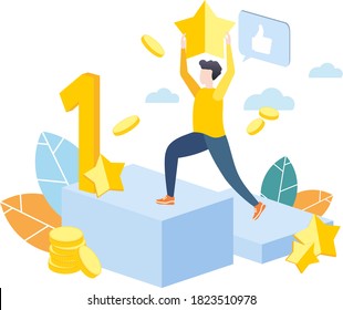 Vector illustration. Flat design. Business images. Achieving goal. To win, to reach the finish line. To take first place and become the leader.