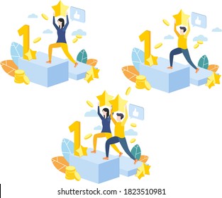 Vector illustration. Flat design. Business images. Achieving goal. To win, to reach the finish line. To take first place and become the leader.