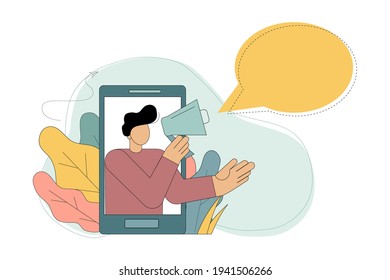 Vector illustration in flat design. Business cry. Advertising through speakers. Marketing. Latest news, sources of information. A man with a megaphone in a gadget speaks loudly to be heard in public. 