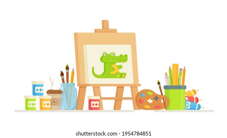 Vector illustration, flat design, cartoon style, isolated on white background. Easel and colorful palette with paints, paint brushes. Artist's studio.