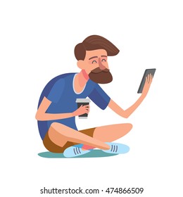 Vector illustration in flat design. Cartoon style character of hipster concept. Freedom young people, seating with smart phone and coffee.