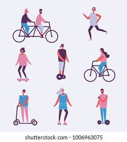 Vector illustration of flat design characters riding thing 