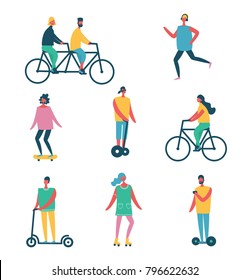 Vector illustration of flat design characters riding thing - bycycle, scooter, skateboard, rollers and other
