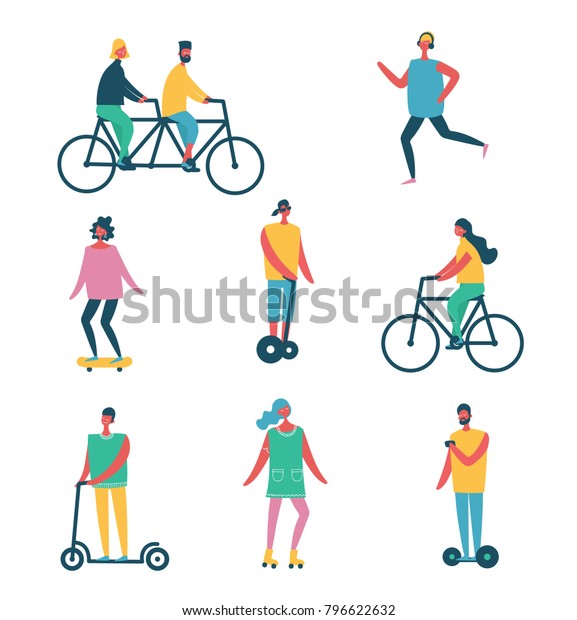 Vector\
illustration of flat design characters riding thing - bycycle,\
scooter, skateboard, rollers and\
other\
