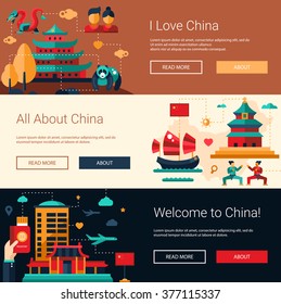 Vector illustration of flat design China travel banners set with icons, infographics elements , landmarks and famous Chinese symbols 