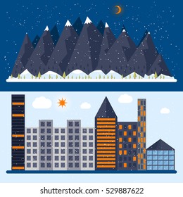 Vector illustration of a flat design with city, mountain. Stock vector