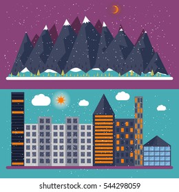 Vector illustration of a flat design with city, mountain. Stock vector
