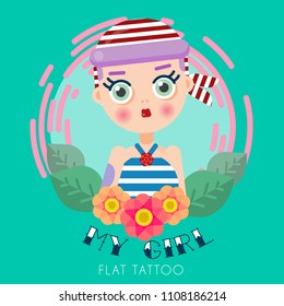 Vector illustration in flat design of a classic tattoo with a cute girl and flowers.