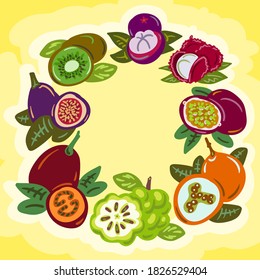 Vector illustration in flat design. Colorful tropical fruit sketch isolated on a yellow background.Lychee, passion fruit, kiwi, custard apple, Mangosteen, figs and tamarillo doodle