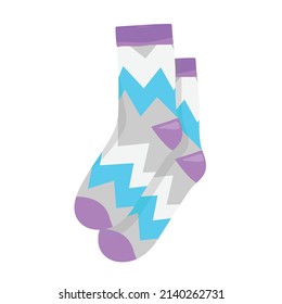 Vector illustration flat design colorful socks isolated on white background. Textile warm clothes socks pair cute decoration wool winter clothing. Sport season collection.