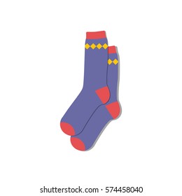 Vector illustration flat design colorful socks isolated on white background. Textile warm clothes socks pair cute decoration wool winter clothing. Sport season collection.