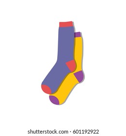 Vector illustration flat design colorful socks isolated on white background. Textile warm clothes socks pair cute decoration wool winter clothing. Sport season collection.