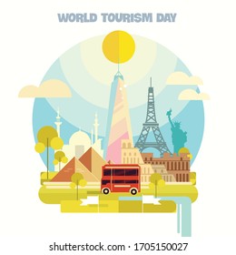 Vector illustration of flat design composition with famous world landmarks icons