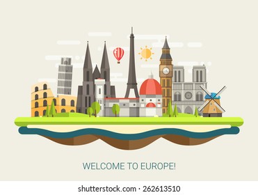 Vector Illustration Of Flat Design Composition With Famous European World Landmarks Icons