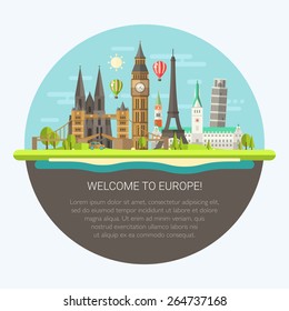 Vector Illustration Of Flat Design Composition With Famous European World Landmarks Icons