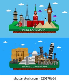 Vector illustration of flat design composition with famous world landmarks such as Big Ben,  Eiffel Tower, Kremlin, Easter Island,  asian pagoda, White house, pyramid. Vector