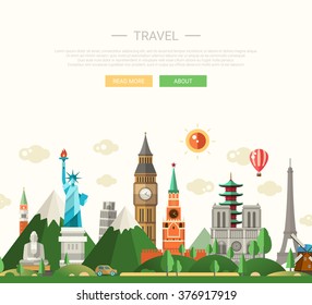 Vector illustration of flat design composition with famous world landmarks icons