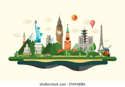 Vector illustration of flat design composition with famous world landmarks icons