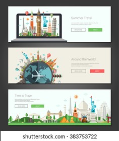 Vector illustration of flat design composition with famous world landmarks icons - banners, headers set