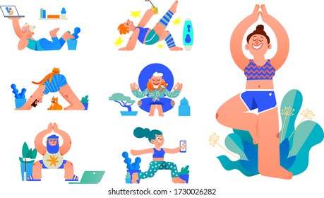 Vector illustration of a flat design concept for men and women engaged in yoga and a healthy lifestyle. Yoga classes, meditation at home