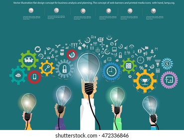 Vector illustration flat design concept for business analysis and planning,  web banners and printed media icons with hand, lamp,cog.