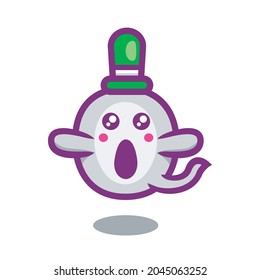 Vector Illustration Flat Design Cute Ghost Wearing Green Hat,kawaii Animated Character