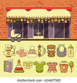 Vector illustration of flat design cute colorful baby icon and shop facade. Retail store. Toy and wear sale business. Cartoon  market.