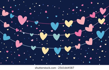 Vector illustration of flat design, dark background with a cute hearts garland, pastel color palette, cute style, pastel colors, flat vector graphic design, simple minimalistic design