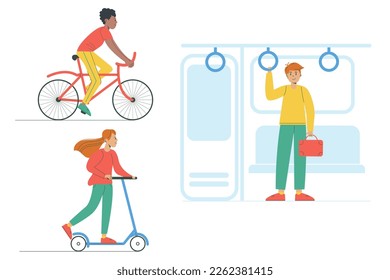 Vector illustration in flat design of different people on different types of transportation. Cycling, riding a scooter, public transport. World health day. Healthy lifestyle
