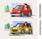 Vector illustration of flat design driver with car