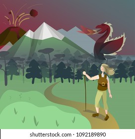 Vector illustration, flat design, fairy tail: female traveler with backpack walking the path to the forest, mountains, volcano and dragon 