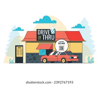 Vector illustration of a flat design of a fast food restaurant drive through with a car for contactless payment concept