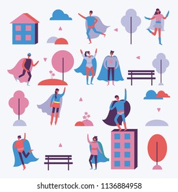 Vector illustration in flat design of female, male superheroes in funny comics costume in the city