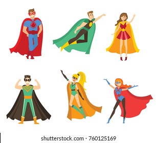 Vector illustration in flat design of female and male superheros in funny comics costume 