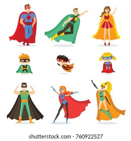 Vector illustration in flat design of female, male  and children superheros in funny comics costume isolated on the white background