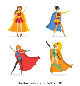 Vector illustration in flat design of female superheros in funny comics costume isolated on the white background