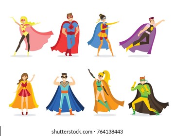 Vector illustration in flat design of female  and male superheros in funny comics costume isolated on the white background