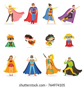 Vector illustration in flat design of female, male and children superheros in funny comics costume isolated on the white background