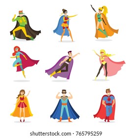 Vector illustration in flat design of female and male superheros in funny comics costume isolated on the white background