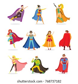 Vector illustration in flat design of female and male superheros in funny comics costume isolated on the white background