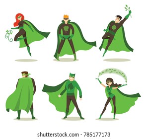 Ilustración vectorial en diseño plano de eco superhéroes hembra y macho con divertidos trajes de cómics aislados en fondo blanco