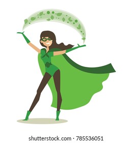 Vector illustration in flat design of female  eco superhero in funny comics costume isolated on the white background